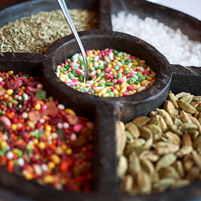 Mukhwas served in a traditional wooden masala box